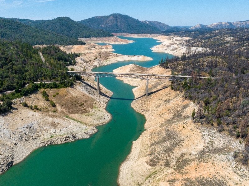 An aerial drone view of Lake Oroville taken Aug. 2, 2022 that shows how the drought has diminished water levels.