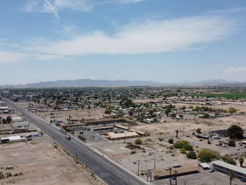 An aerial view looking west into the city of Blythe on Hobsonway.