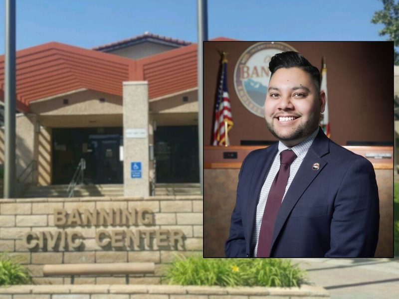 A composite photo with an image of Banning City Hall in the background and a portrait of Banning Councilmember Reuben Gonzales in front of it.