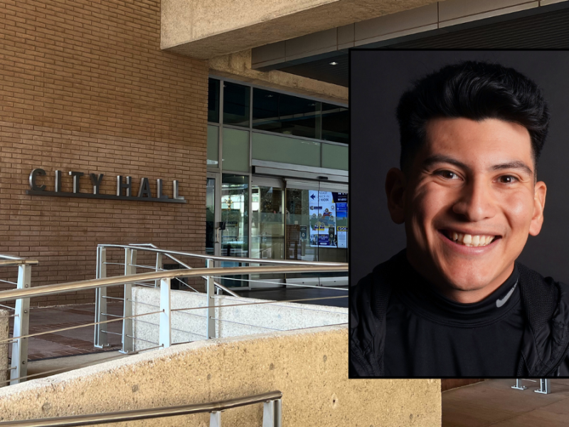 A portrait of Daniel Eduardo Hernandez over a photo of Riverside City Hall.