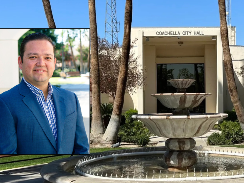 A photo of Coachella City Hall with a portrait of Steven Hernandez in front.