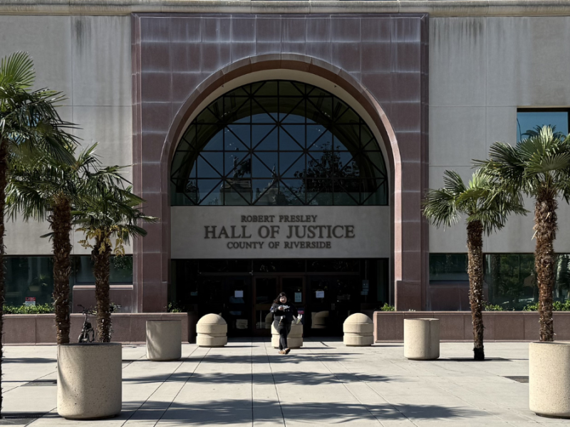 An exterior photo of the Hall of Justice in downtown Riverside.
