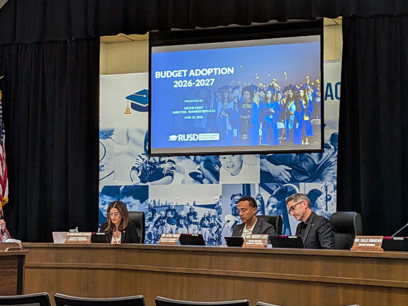 A photo of the Riverside Unified trustees at the dais.