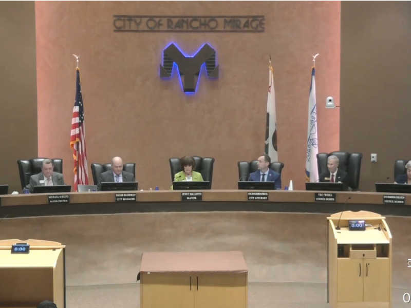 A screenshot from the Rancho Mirage City Council meeting video with the entire council at the dais.