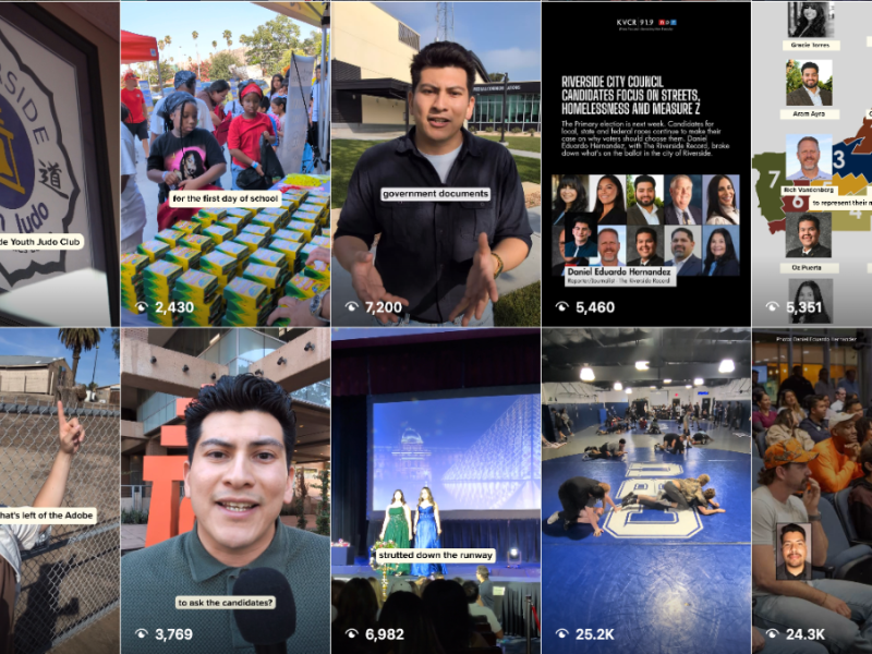 A screenshot showing six videos produced by reporter Daniel Eduardo Hernandez and posted to The Riverside Record's Instagram page.