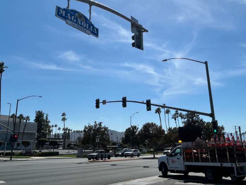 A truck at a stop light on Magnolia Avenue in Riverside, California.