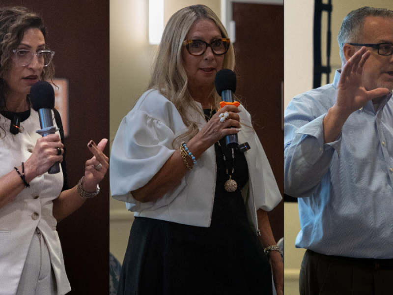 Photos of RUSD Trustee Area 1 candidates Noemi Hernandez Alexander, Jinane Annous and Duffy Atkinson taken during a candidate forum.
